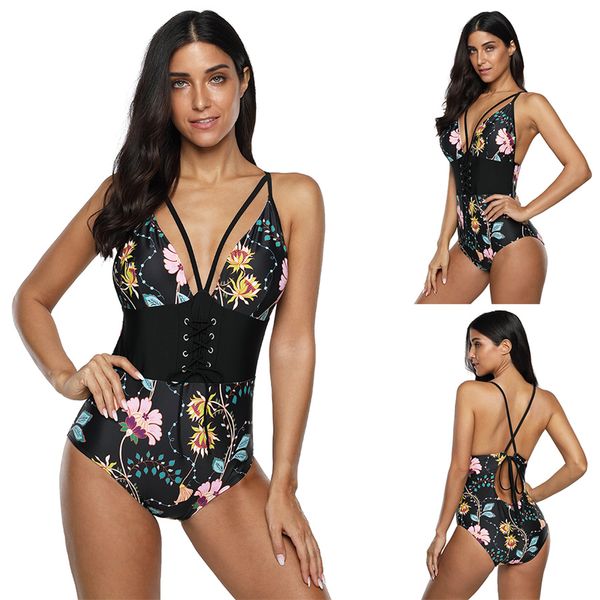 

american female water sports wear 50% women padding plus size swim wear mid waist beach wear one piece swimwear lady floral print monokini