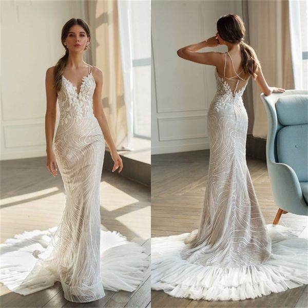 

mermaid wedding dresses with spaghetti strap v neck sleeveless applique lace bridal dresses sweep train vestidos de novia, White