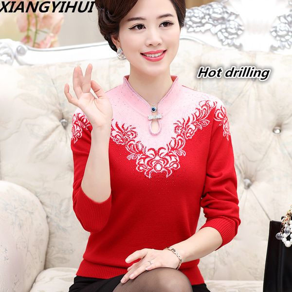 

2017 quality cashmere women sweater female plus size embroidering diamond - studded christmas sweater old mother's pullover, White;black