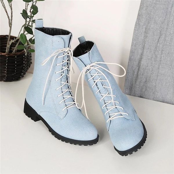 

cysincos new fashion autumn lace up ladies ankle boots for women 2020 england boots long denim shoes flat casual plus size, Black