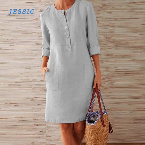 

jessic spring cotton linen dress fashion button o-neck knee party dress women long sleeve pocket solid dresses, Black;gray