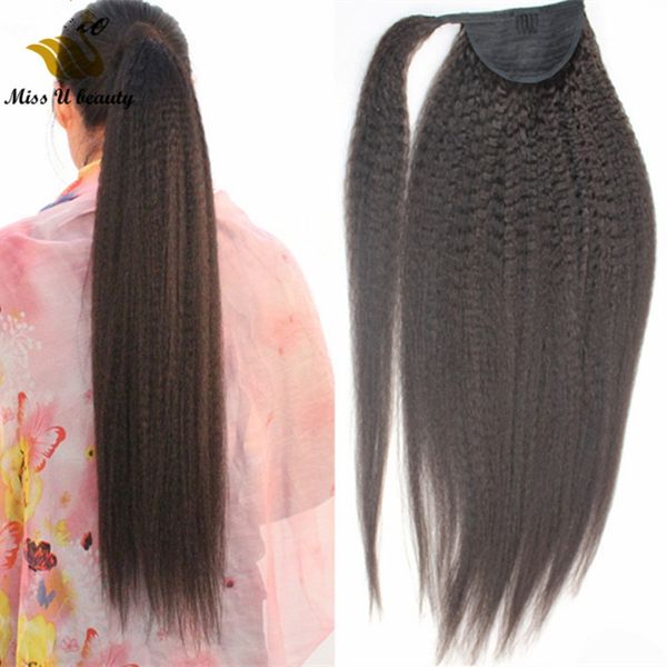 Clipe de extensões de cabelo rabo reto kinky em envoltório em torno de cor preta natural 100gram