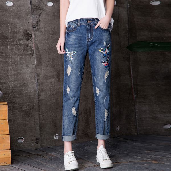 

new summer women's designer jeans ankle-length pants ladies casual fashion harem pants butterfly cuffs hole jeans soft denim pants, Blue