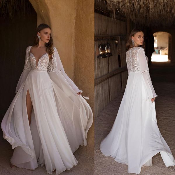 

slits a line beach wedding dresses v neck lace applique sequins tulle wedding dresses floor length boho with warps bridal gowns, White