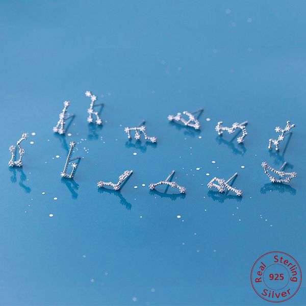 

925 sterling silver cublic zirconia scorpio taurus twelve constellation zodiac sign stud earrings ear piercing jewelry, Golden;silver