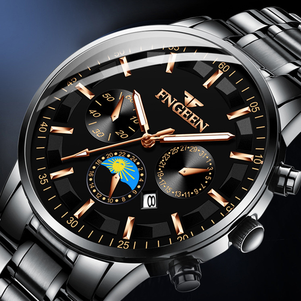

fngeen 2019 new fashion mens watches stainless steel sports quartz watch men relogio masculino erkek kol saati, Slivery;brown