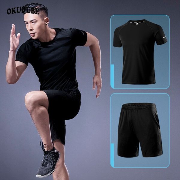 

two pieces men sportswear breathable fitness clothing reflective tracksuit man elastic jogging gym running clothes set male 4xl, Black;blue