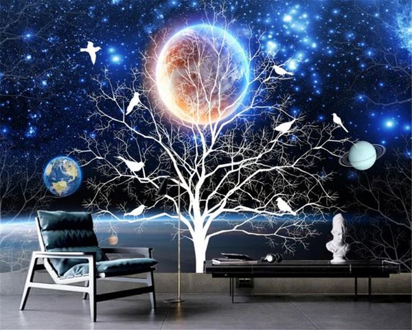 Decor Mural Wallpaper Abstrato fantasia bela flores estreladas e pássaros personalizados papel de parede romântico