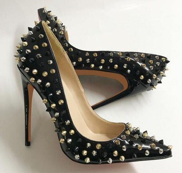 

бренд красное дно высокие каблуки черная заклепка точка с мелким ртом женская обувь мода шипы насосы 12см, Black