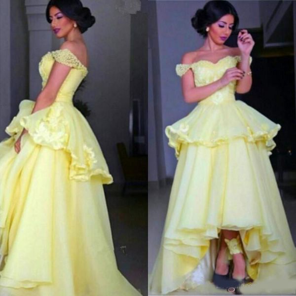 

2020 gorgeous light yellow arabic prom dresses sweetheart beaded off the shoulder lace appliques peplum hi low evening party gowns ., Black
