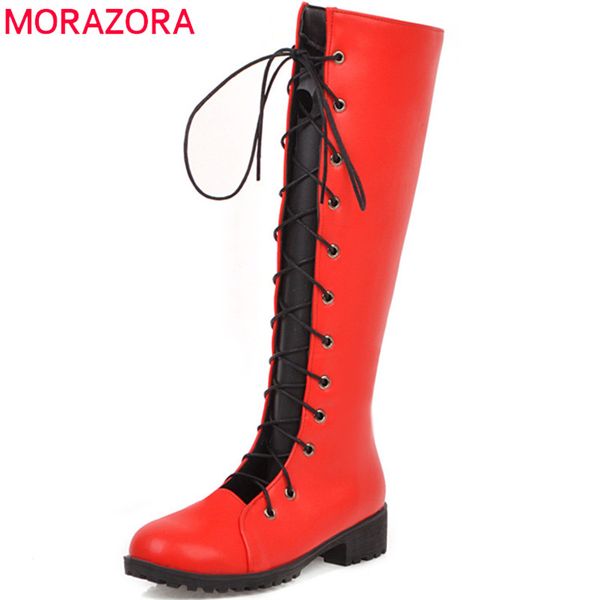 

morazora 2020 new arrival women knee high boots lace up round toe autumn knight boots unique mixed colors low heels shoes woman, Black