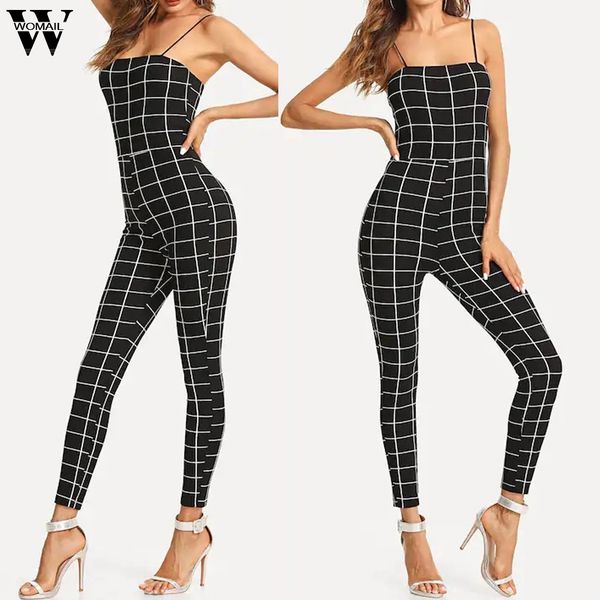 

womail jumpsuit women 2019sleeveless plaid slim fit long jumpsuit romper overalls fashion skinny playsuit workwear party822, Black;white