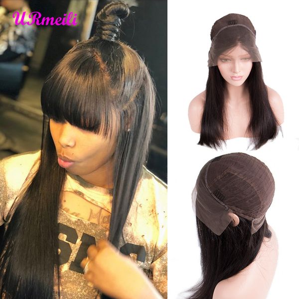 

lace front human hair wigs silky straight peruvian glueless virgin hair lace wig with middle part baby hair for black women 150% density, Black;brown