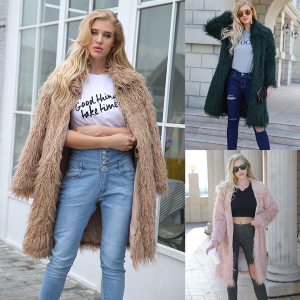 

fashion autumn winter coat women furry faux fur overcoat fluffy long section long sleeve square neck warm outerwear jacket d20, Black