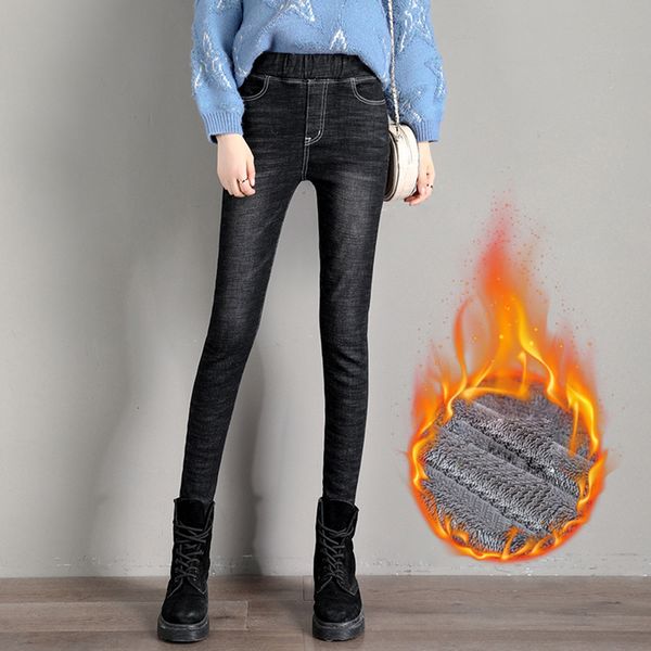 

audwhale winter thicken warm jeans for women insulated velvet slim plus size jeans femme push up denim pants, Blue