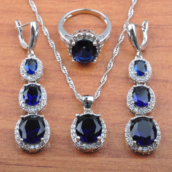 

dubai jewelry 925 sterling silver jewelry set blue zirconia occident style for women necklace pendant earrings ring sets js0119, Slivery;golden