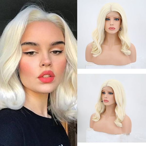 

charisma synthetic platinum blonde bob shoulder wavy lace front wigs for women glueless heat fiber cosplay show or daily use, Black