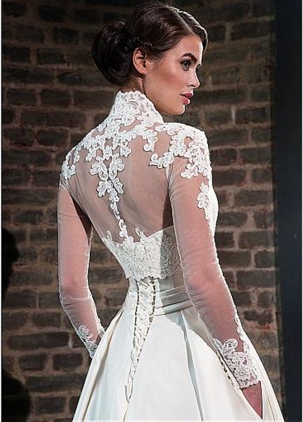 

elegant sweetheart satin wedding dress with jacket long sleeve floor length bridal gowns pockets robe de mariage, White