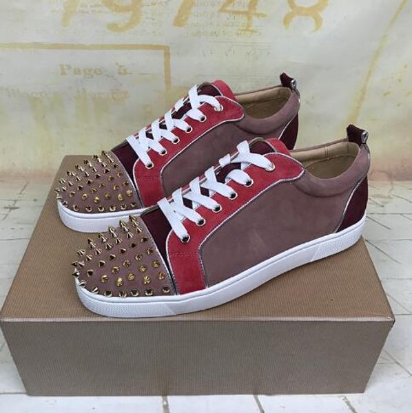 

with box]popular designer spikes sneakers fashion red bottom women's,men's genuine leather casual flat party dress eu 35-47, Black