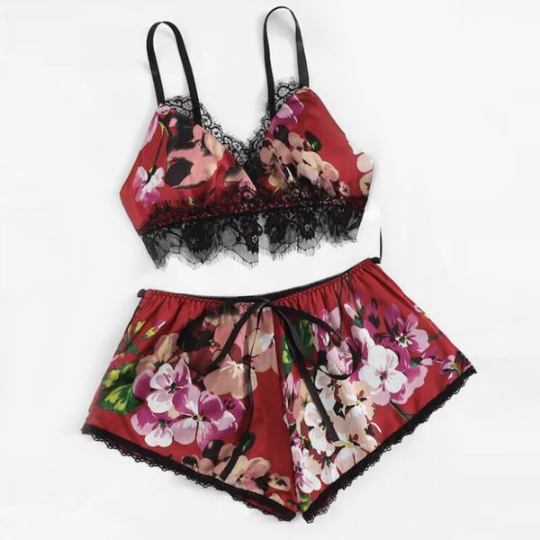 

women's printed underwear set lace sling fashion girl home pajamas, Black;red