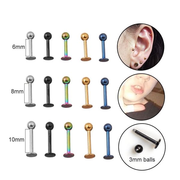 

sellsets 5pcs/lot 6/8/10mm 16g steel ball labret stud lip piercing tragus lobe conch forward helix cartilage earrings, Slivery;golden