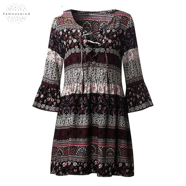 

eurpoean women vintage dresses bohemian floral flare sleeve v neck plus size print short party dress 170621, Black;gray
