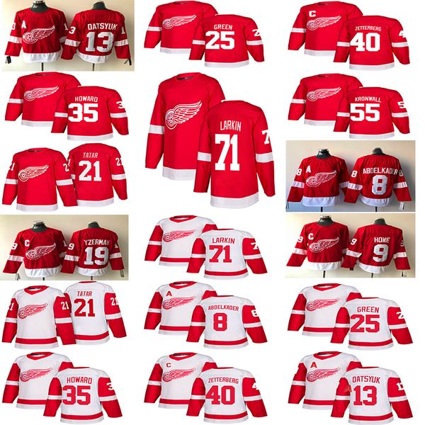 

2018-2019 detroit red wings jerseys hockey 13 pavel datsyuk 40 henrik 8 justin abdelkader 19 steve yzerman 71 larkin 9 howe 21 tatar hockey, Black;red