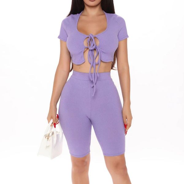 

women 2-piece outfit set cozy sport fitness set solid color round neck crop short sleeve short jogging high waist pants, White