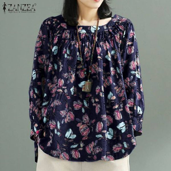 

zanzea summer autumn bohemian 2020 women blouses shirt o neck long sleeve retro floral print tunic loose plus size s-5xl, White