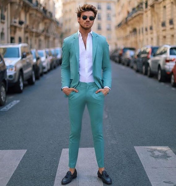 Abiti da uomo slim fit verde acqua bello da ballo con risvolto risvolto Smoking da sposo sulla spiaggia per uomo Blazer Giacca da abito formale con un bottone303w