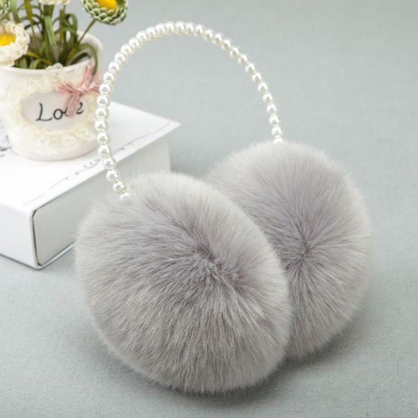 

women girls winter fluffy plush earmuffs imitation pearl beaded headband thicken ear warmer princess kids party styling headwear, Blue;gray