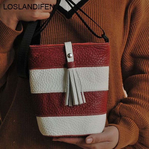 

женщины натуральная кожа crossbody сумки мода полосатый кисточкой ведро мешок сотовый телефон карман корова кожа женщины сумки посыльного