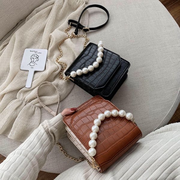 

small pu leather crossbody bags for women 2020 rivets pearls shoulder messenger bag female travel handbags chain cross body bag
