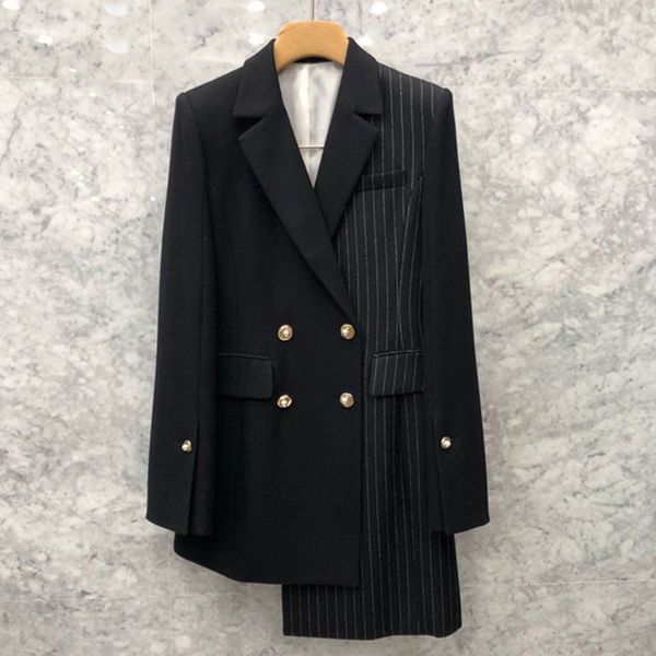 

2019 spring autumn women korean double breasted striped patchwork medium long blazers female irregular chic casual blazer jc2850, White;black