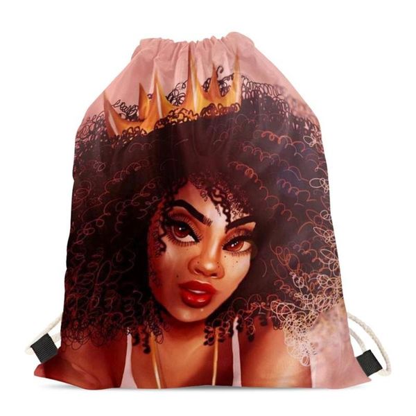 

hycool drawstring bags golden crown african black queen print fashion small storage softback female gym sport sack for teen girl