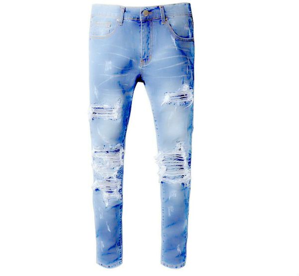 

luxury designer punk rock style men's tattered elastic motorcycle pants arn4 men's blue pleated matching hole motorcycle jeans fas