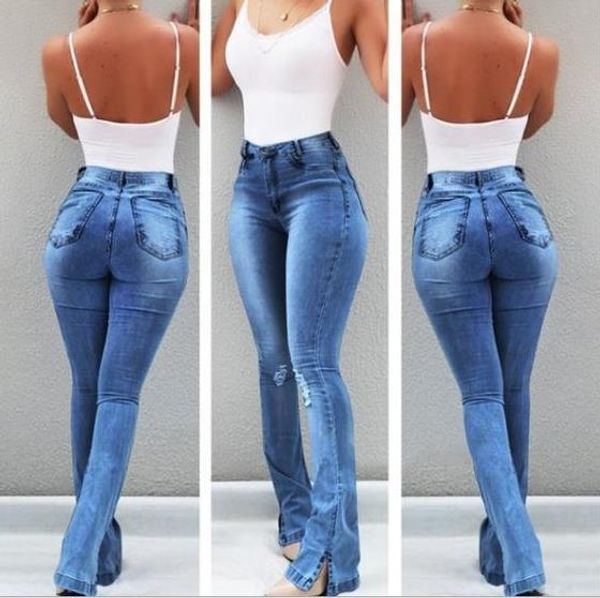 

women's jeans casual slim stretchy denim waist jeans oversized long flare pants light blue trousers for women