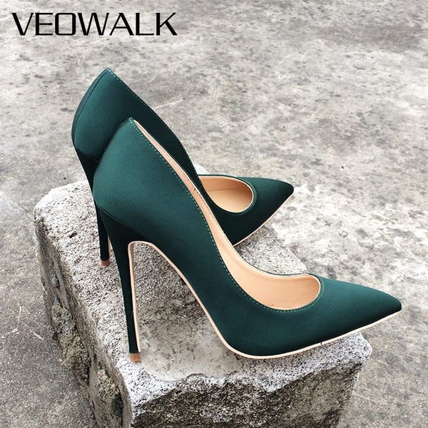

veowalk brand silk upper women high heels elegant lady pointed toe party pumps woman comfort dress shoes customized accept, Black
