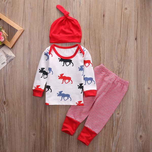 

emmababy 3pcs newborn toddler baby boy girl elk clothes shirt pants hat cotton christmas clothing outfit set 0-24m, Pink;blue