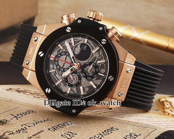 

watch big perpetual calendar 45mm quartz chronograph men's watch rubber strap folding buckle rose gold gents watches, Slivery;brown