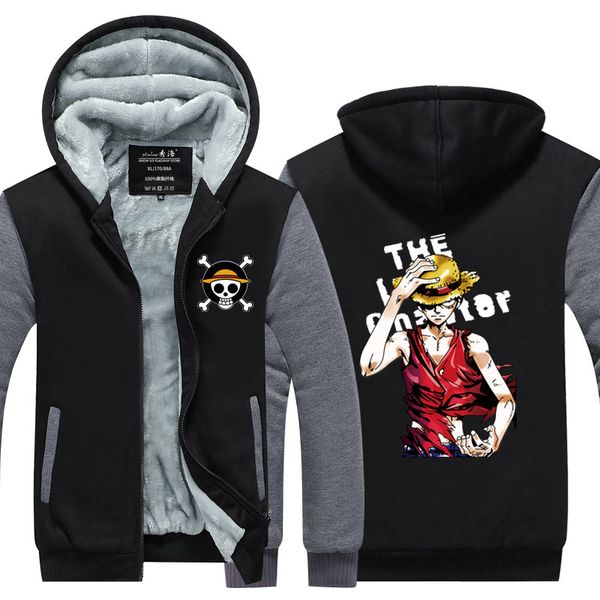 

new winter jackets and coats one piece hoodie anime zoro luffy luminous hooded thick zipper men law ace whitebeard sweatshirts, Black