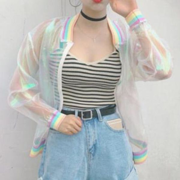 

jacket rainbow bomber women clear iridescent hologram basic coat sunproof laser transparent nice best, Black;brown