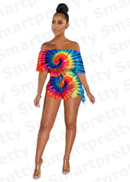 

women summer shorts set rainbow gradient color printed flat off shoulder short sleeve t shirt shorts two piece outfit s-3xl e31007, Black;white