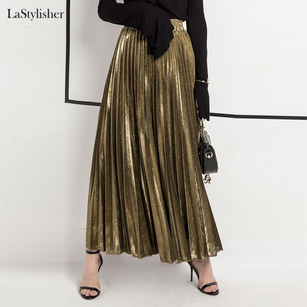 

gold elastic high waist skirts womens fashion spring autumn women maxi long skirt silver casual female pleated skirts streetwear, Black;gray