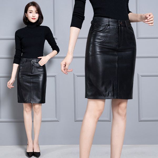 

2019 new fashion genuine sheep real leather skirt k38, Black