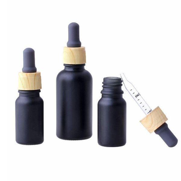 Mattschwarze Rauchöl- und Flüssigkeitsflaschen aus Glas, ätherisches Öl, Parfümflasche, flüssiges Reagenz, Pipette, Tropfflaschen mit Holzmaserungsverschluss, 10/30 ml