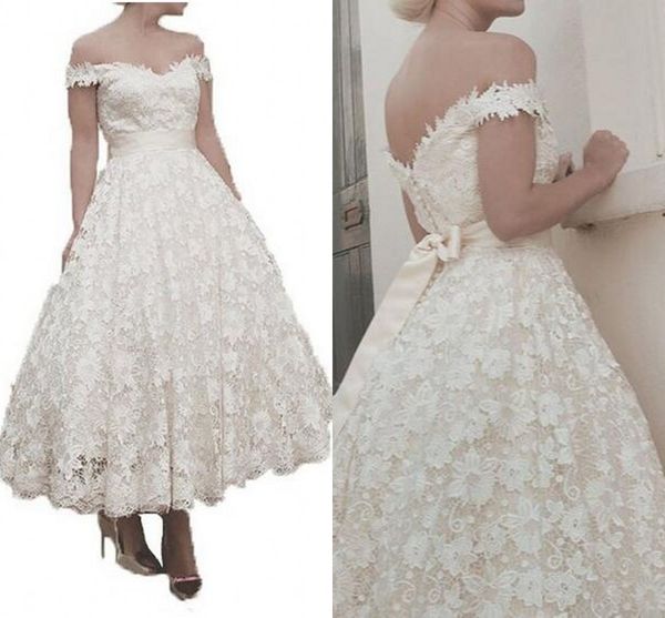 

pretty tea length short wedding dresses bridal gown off the shoulder with sleeves lace bodice princess backless wedding gowns cheap, White