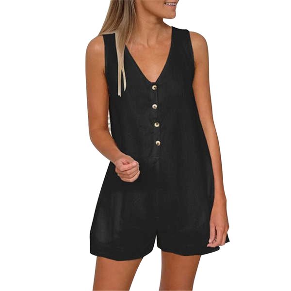 

women casual cotton linen sleeveless v-neck short jumpsuit playsuit for summer -mx8, Black;white