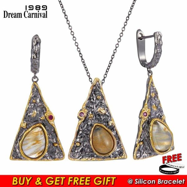 

dreamcarnival1989 new arrivals women pendant necklace earrings set pyramid look water melon cz jewelry black gold color ep3998s2, Silver
