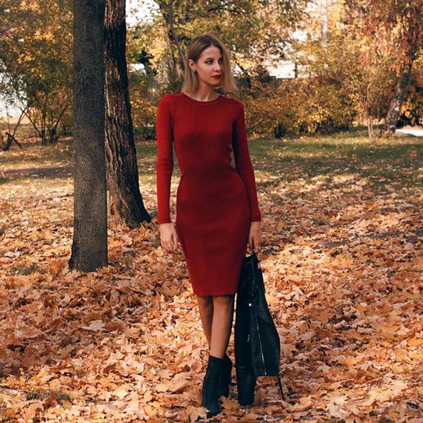 

осень зима длинные платья женщины сплошной knit толстые платье женский o шея тонкий основные cap рукава bodycon платье с длинным рукавом, Black;gray